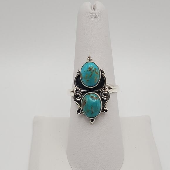 Sterling Silver 925 Kingman Turquoise Double Stone Ring Size 9.25 - Picture 1 of 9